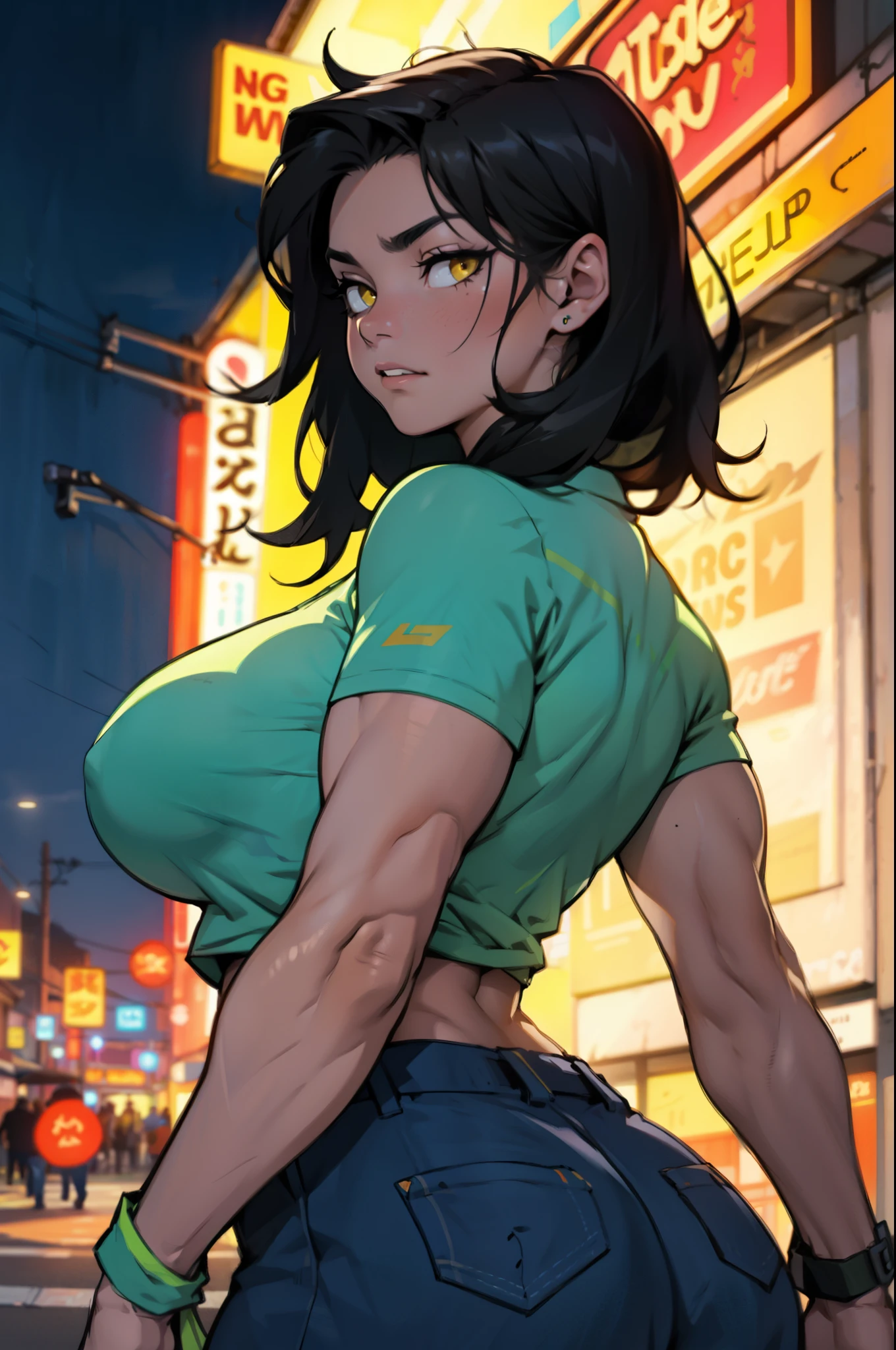 massive hair black hair yellow eyes pale skin large breasts muscular girl sad girl neon signs nighttime