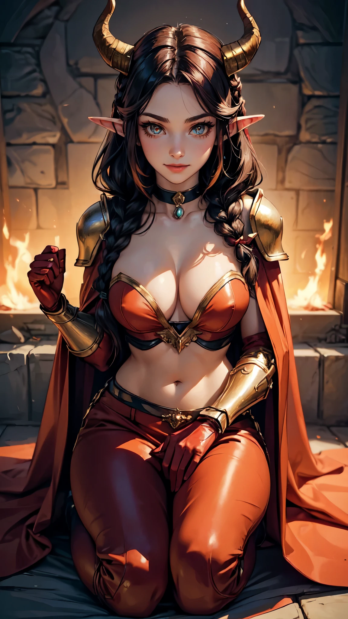 (masterpiece, best quality:1.3) WowAlexstrasza, 1girl, solo, long hair, breasts, looking at viewer, smile, gloves, navel, medium breasts, sitting, closed mouth, braid, horns, choker, midriff, pants:1.3, cape, armor, orange eyes, fire, shoulder armor, red cape, beautiful lips,detailed face, detailed eyes, detailed handssexy woman,elf girl, full body
