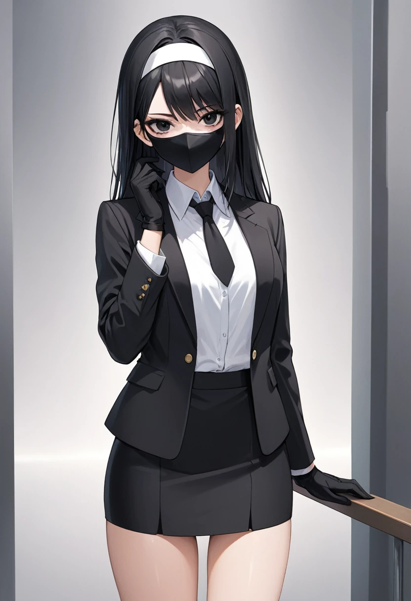 Black miniskirt , black shoes , White shirt , pencil skirt , whole body , thighs , black hair , black eyes , straight hair , long sleeves , bare legs , face , Black gloves , standing posture , black tie , cool beauty face , black shorts blazer , White headband , close up , black mask