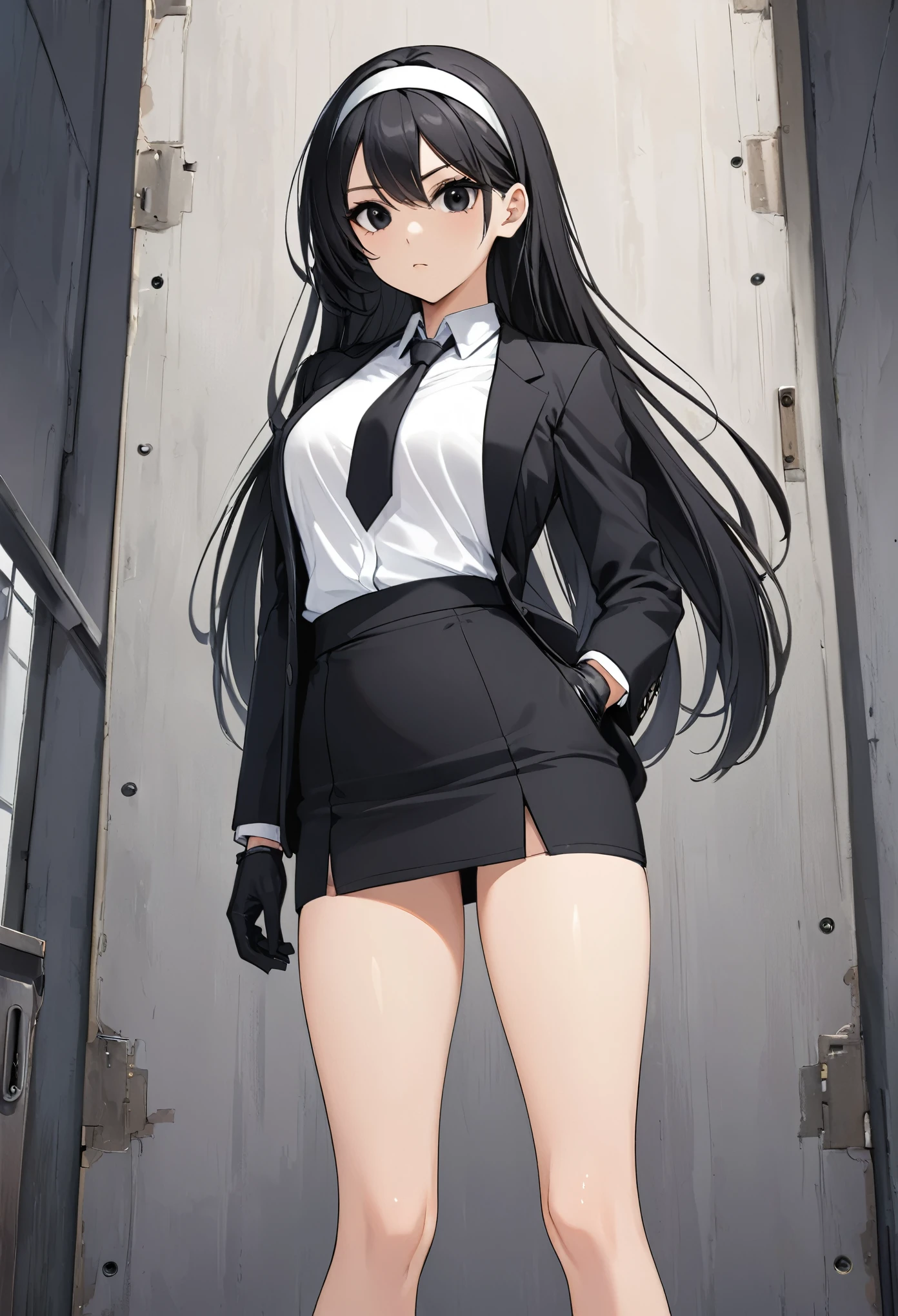 Black miniskirt , black shoes , White shirt , pencil skirt , whole body , thighs , black hair , black eyes , straight hair , long sleeves , bare legs , face , Black gloves , standing posture , black tie , cool beauty face , black shorts blazer , White headband , close up