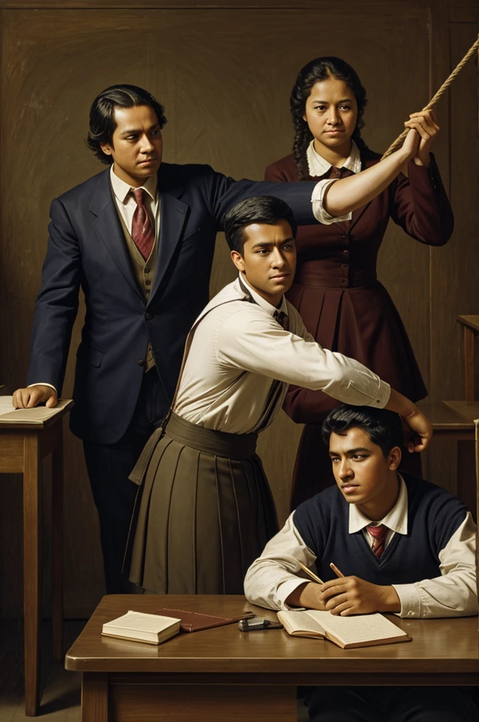 A portrait of a teacher flogging a student