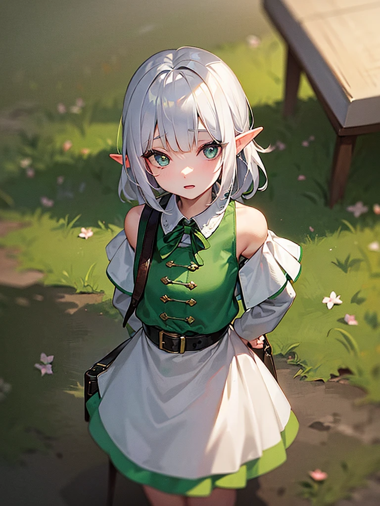 Girl 16 years old elf with white hair and green iridescent eyes in a skirt and a coat on her shoulders, a bag on the shoulder of a crow