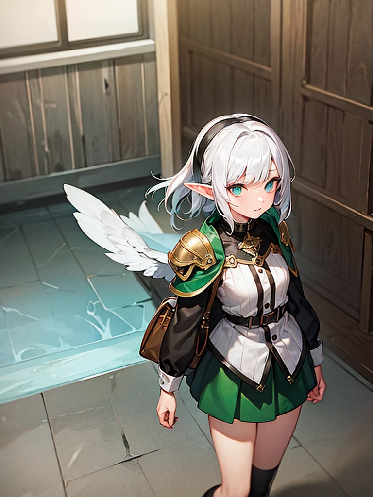 Girl 16 years old elf with white hair and green iridescent eyes in a skirt and a coat on her shoulders, a bag on the shoulder of a crow