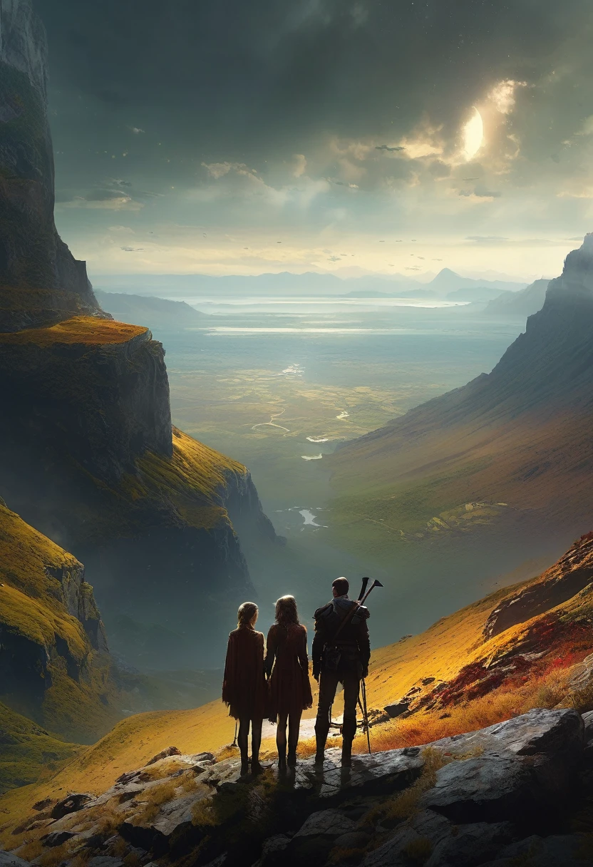 The loving couple stand in the vast beautiful wilderness world, god ray, stand on a cliff, watching colourful landscape , a giant eye watching , 8k, MASTERPIECE by Jeremy Mann, sharp, masterpiece, best quality, Photorealistic, ultra-high resolution, photographic light, illustration by MSchiffer, Hyper detailed, score_9,score_7_up,score_8_up,