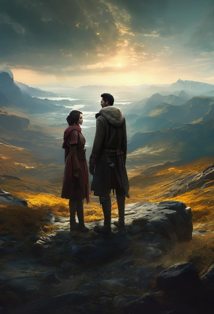 The loving couple stand in the vast beautiful wilderness world, god ray, stand on a cliff, watching colourful landscape , a giant eye watching , 8k, MASTERPIECE by Jeremy Mann, sharp, masterpiece, best quality, Photorealistic, ultra-high resolution, photographic light, illustration by MSchiffer, Hyper detailed, score_9,score_7_up,score_8_up,