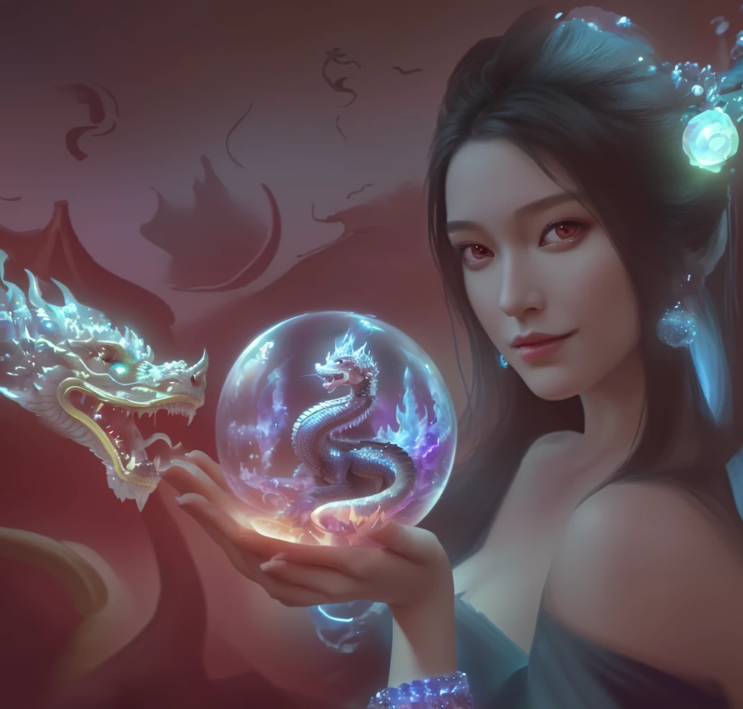 a woman holding a crystal ball with a dragon inside, hyperrealistic fantasy art, digital fantasy art, realistic fantasy artwork, chinese fantasy, beautiful fantasy art, trending digital fantasy art, fantasy art style, realistic fantasy painting, amazing fantasy art, very beautiful fantasy art, beautiful digital art, digital fantasy art