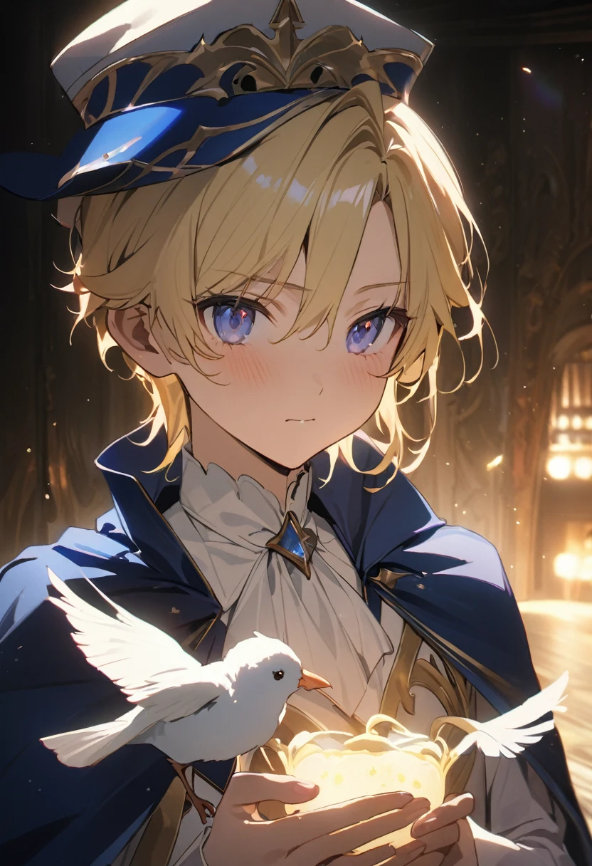 "{{masterpiece}}, Highest quality, Cinema Lighting, Captivating lens flare,Wearing a blue cape and hat、Anime character holding a bird, Portrait of the Magical Blonde Prince, Beautiful androgynous prince, Inspired by Le Chevalier, A delicate androgynous prince, Machiavelli&#39;s Puppet Master, okita sougo, Tall anime guy with blue eyes, [[[[smile wickedly]]]], Anime boy with orange hair, Zero-chan, Fascinating colorful light particles, Attractive heterochromia, (Vivid and vibrant:1.5), (Vibrant and lively hair:1.5)."
