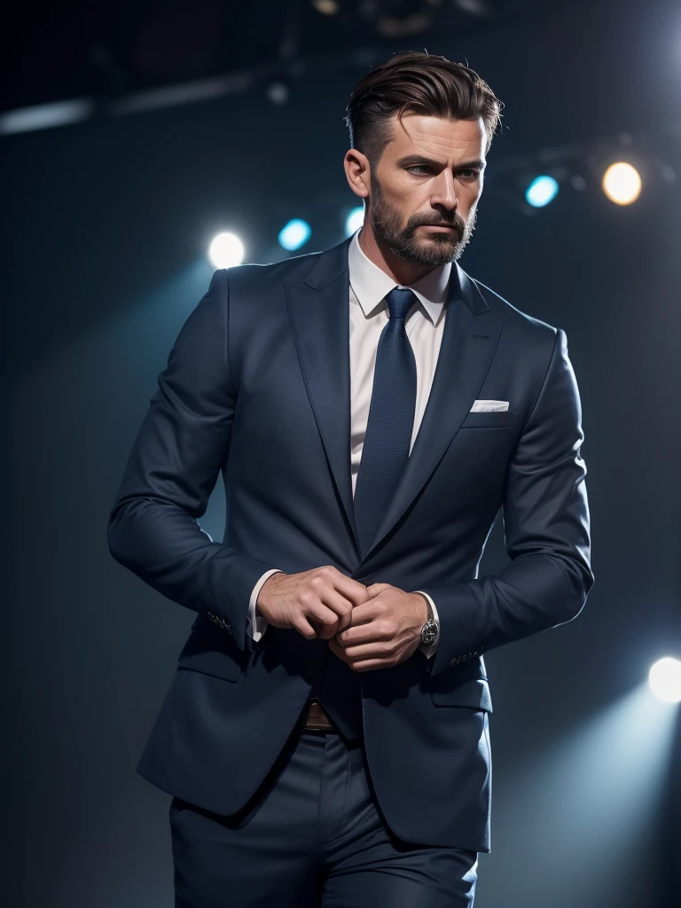 ((masterpiece, top quality, Highest image quality, a high resolution, photorealistic, RAW photo, 8 K)), a man in a dark blue expensive suit performs on stage, Slavic appearance, short brown hair styled up, contrast background in blur