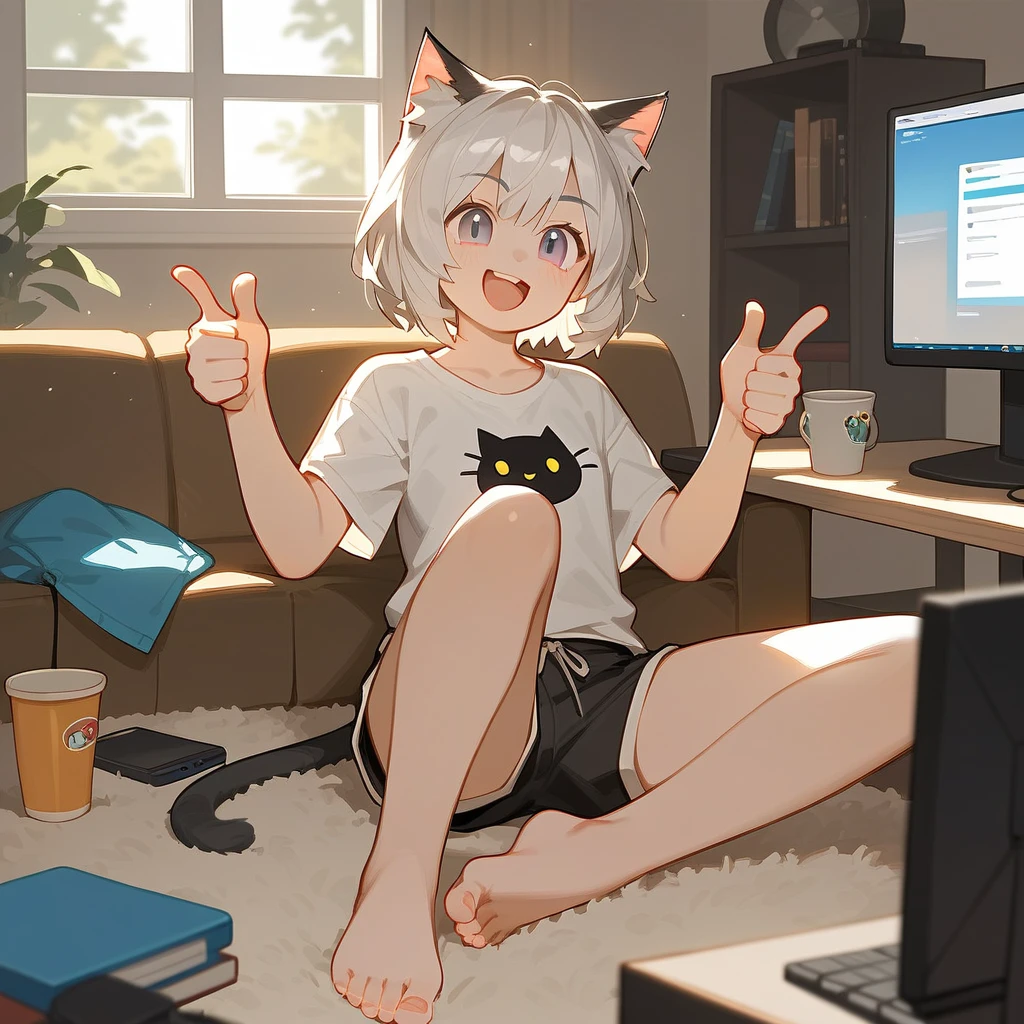 source_anime, score_9, score_8_up, BREAK a 1girl using a computer, cat ears, shirt, shorts, living room, thumbs up, smile open mouth