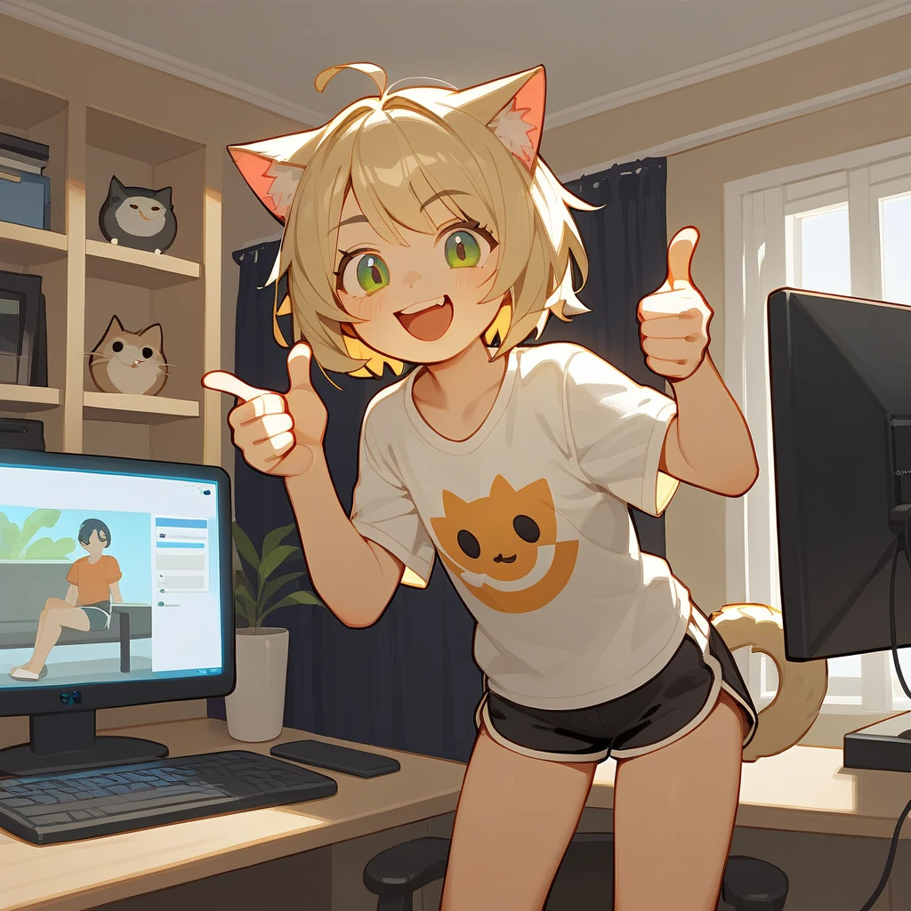 source_anime, score_9, score_8_up, BREAK a 1girl using a computer, cat ears, shirt, shorts, living room, thumbs up, smile open mouth