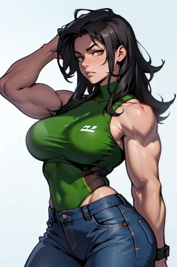 massive hair black hair yellow eyes pale skin large breasts muscular girl sad girl