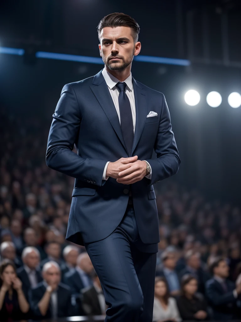 ((masterpiece, top quality, Highest image quality, a high resolution, photorealistic, RAW photo, 8 K)), a man in a dark blue expensive suit performs on stage, Slavic appearance, short brown hair styled up, contrast background in blur, without a beard