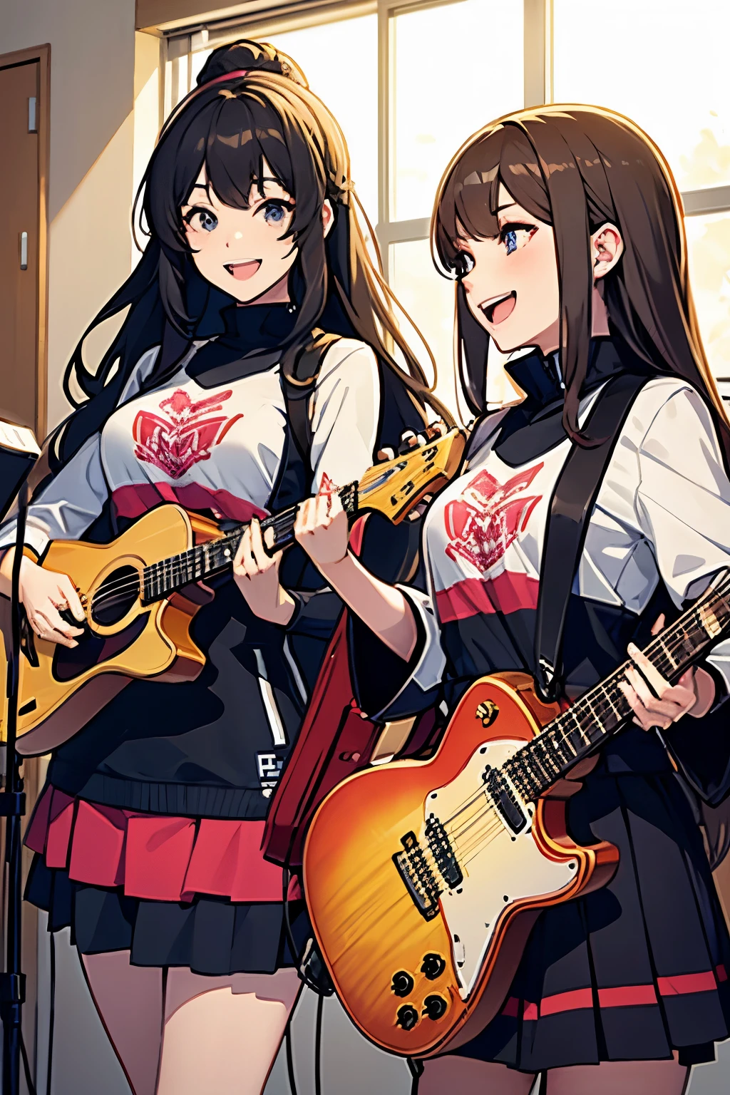 A female band made up of female gamers。Smiling and having fun in the music room after school。