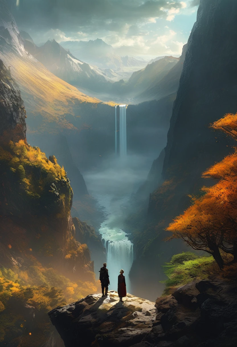 The couple stand in the vast beautiful wilderness world, god ray, stand on a cliff, watching colourful landscape , beautiful giant goddess on the landscapes, 8k, MASTERPIECE by Jeremy Mann, sharp, masterpiece, best quality, Photorealistic, ultra-high resolution, photographic light, illustration by MSchiffer, Hyper detailed, score_9,score_7_up,score_8_up,