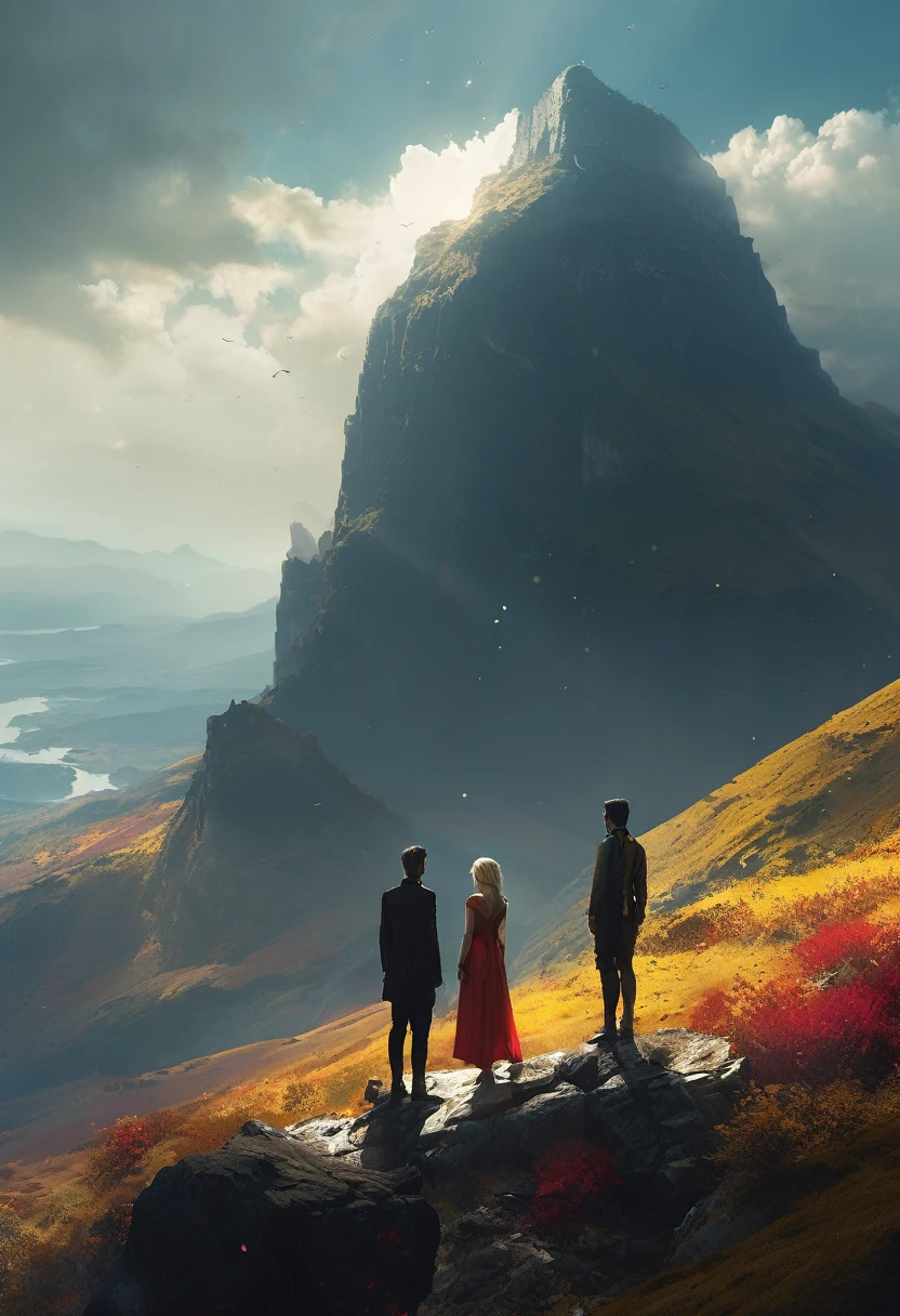 The couple stand in the vast beautiful wilderness world, god ray, stand on a cliff, watching colourful landscape , beautiful giant goddess on the landscapes, 8k, MASTERPIECE by Jeremy Mann, sharp, masterpiece, best quality, Photorealistic, ultra-high resolution, photographic light, illustration by MSchiffer, Hyper detailed, score_9,score_7_up,score_8_up,