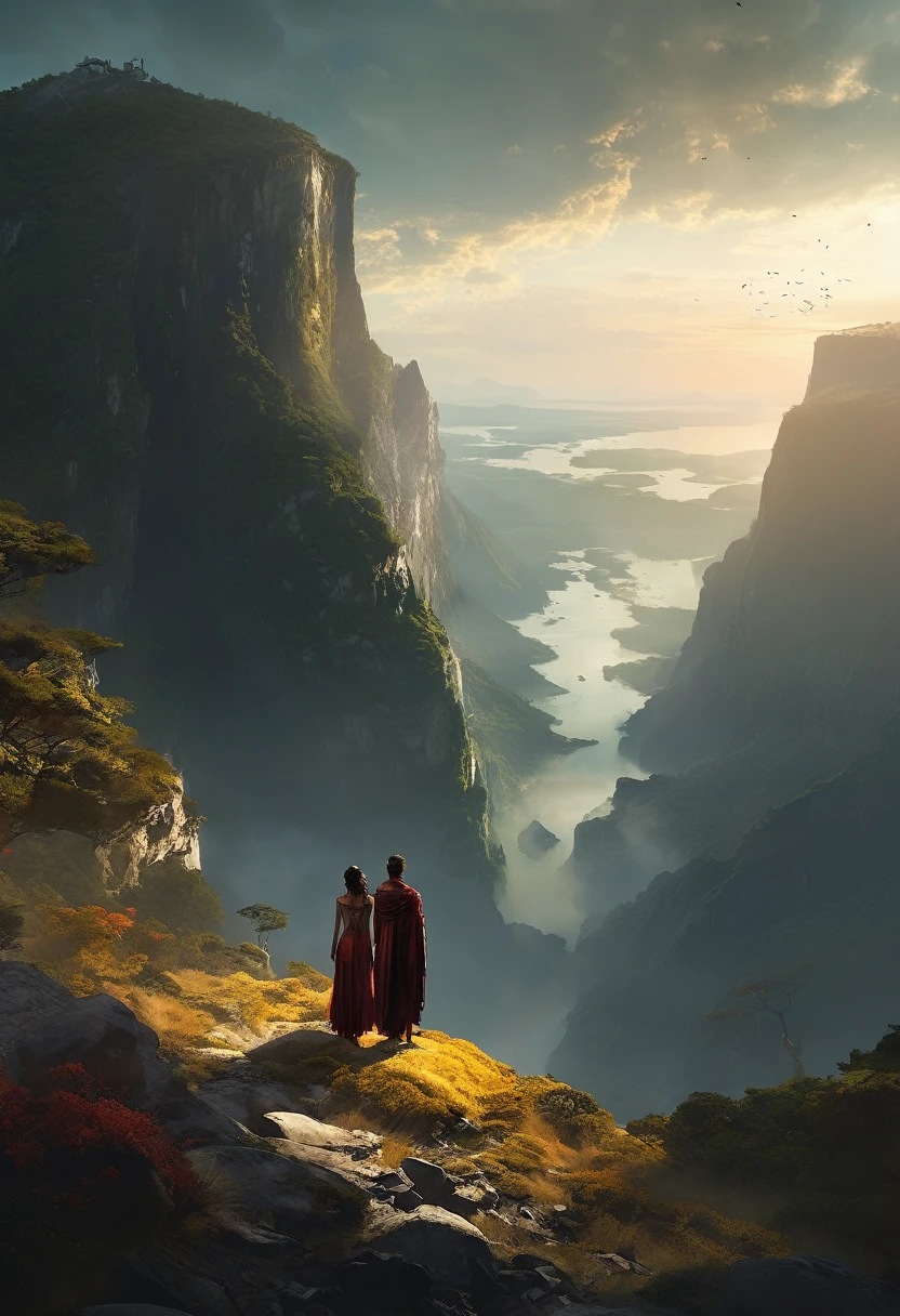 The couple stand in the vast beautiful wilderness world, god ray, stand on a cliff, watching colourful landscape , beautiful giant goddess on the landscapes, 8k, MASTERPIECE by Jeremy Mann, sharp, masterpiece, best quality, Photorealistic, ultra-high resolution, photographic light, illustration by MSchiffer, Hyper detailed, score_9,score_7_up,score_8_up,