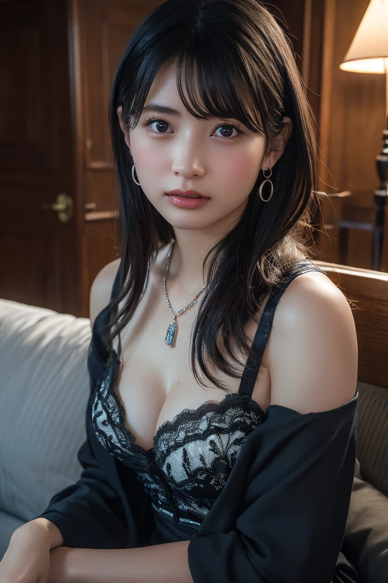 (absurdres:1.3), (highres:1.3), (ultra detailed:1.3),(1girl:1.3), (extremely detailed CG unity 8k wallpaper:1.3), (detailed skin texture, detailed cloth texture, detailed hair texture), (beautiful detailed face, supermodel, pale skin, realistic glistening skin), (RAW photo, best quality), (realistic, photo-realistic:1.4), masterpiece, extremely delicate and beautiful,Amazing, finely detail, extremely detailed CG unity 8k wallpaper, huge filesize, ultra-detailed, highres, absurdres, soft light,rim light, vibrant details, hotel room, short bob hair, (huge breasts:1.3), black hair color, Big Natural Color Lip, (perfect body shape), beautiful legs, BREAK (black theme:1.4), (wear a see-through strapless-camisole with ruffles over a naked:1.4), (off shoulder:1.4), ((stomach, navel):1.2), (black see-through multi-layered ruffles:1.4), (black short puff-sleeves:1.3), (black Thong:1.3), (black choker:1.2), (earrings:1.2), crying a little、Harajuku style、20 year old girl、cute type、lolita、