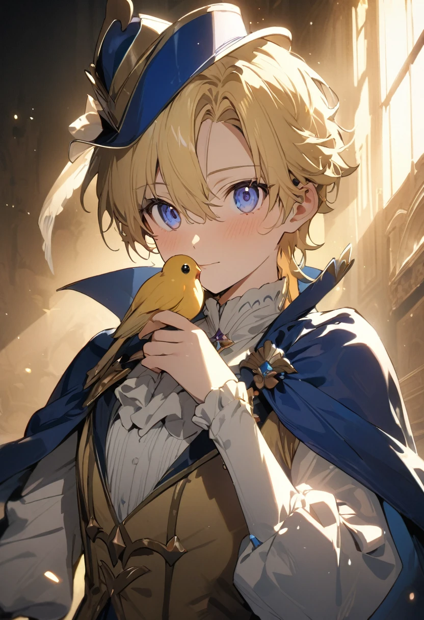 "{{masterpiece}}, Highest quality, Cinema Lighting, Captivating lens flare,Wearing a blue cape and hat、Anime character holding a bird, Portrait of the Magical Blonde Prince, Beautiful androgynous prince, Inspired by Le Chevalier, A delicate androgynous prince, Machiavelli&#39;s Puppet Master, okita sougo, 青い目をした背の高いアニメのmale,Handsome,male, [[[[smile wickedly]]]], Anime boy with orange hair, Zero-chan, Fascinating colorful light particles, Attractive heterochromia, (Vivid and vibrant:1.5), (Vibrant and lively hair:1.5)."