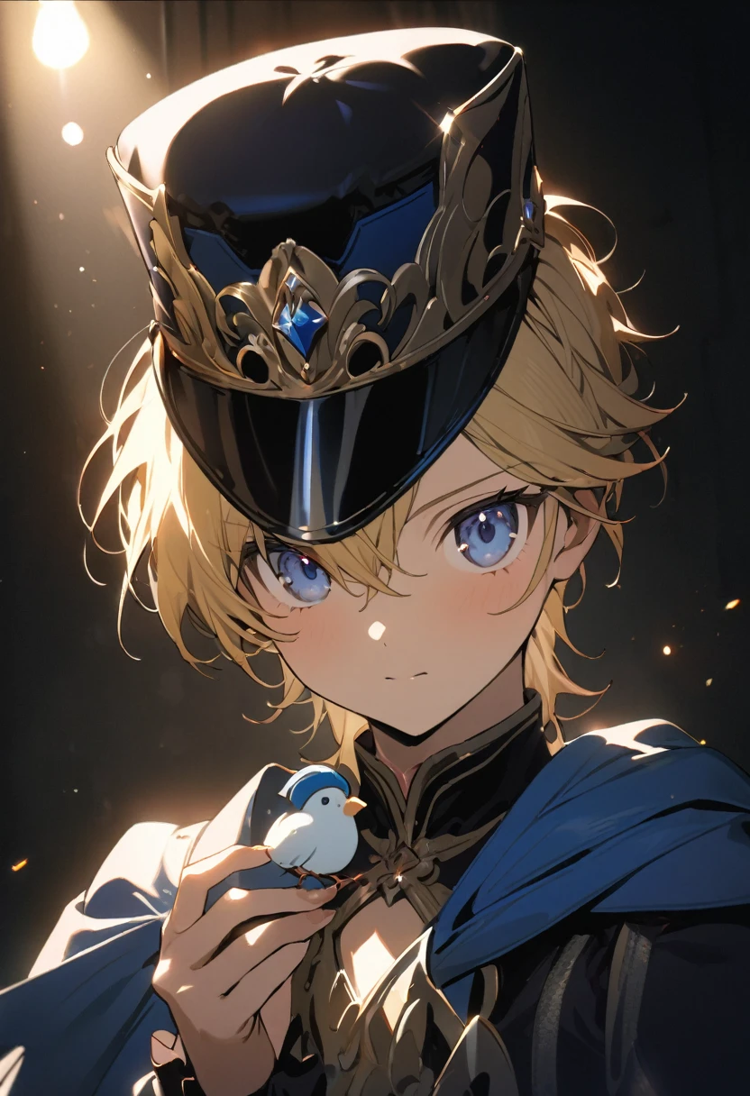 "{{masterpiece}}, Highest quality, Cinema Lighting, Captivating lens flare,Wearing a blue cape and hat、Anime character holding a bird, Portrait of the Magical Blonde Prince, Beautiful androgynous prince, Inspired by Le Chevalier, A delicate androgynous prince, Machiavelli&#39;s Puppet Master, okita sougo, 青い目をした背の高いアニメのmale,Handsome,male, [[[[smile wickedly]]]], Anime boy with orange hair, Zero-chan, Fascinating colorful light particles, Attractive heterochromia, (Vivid and vibrant:1.5), (Vibrant and lively hair:1.5)."