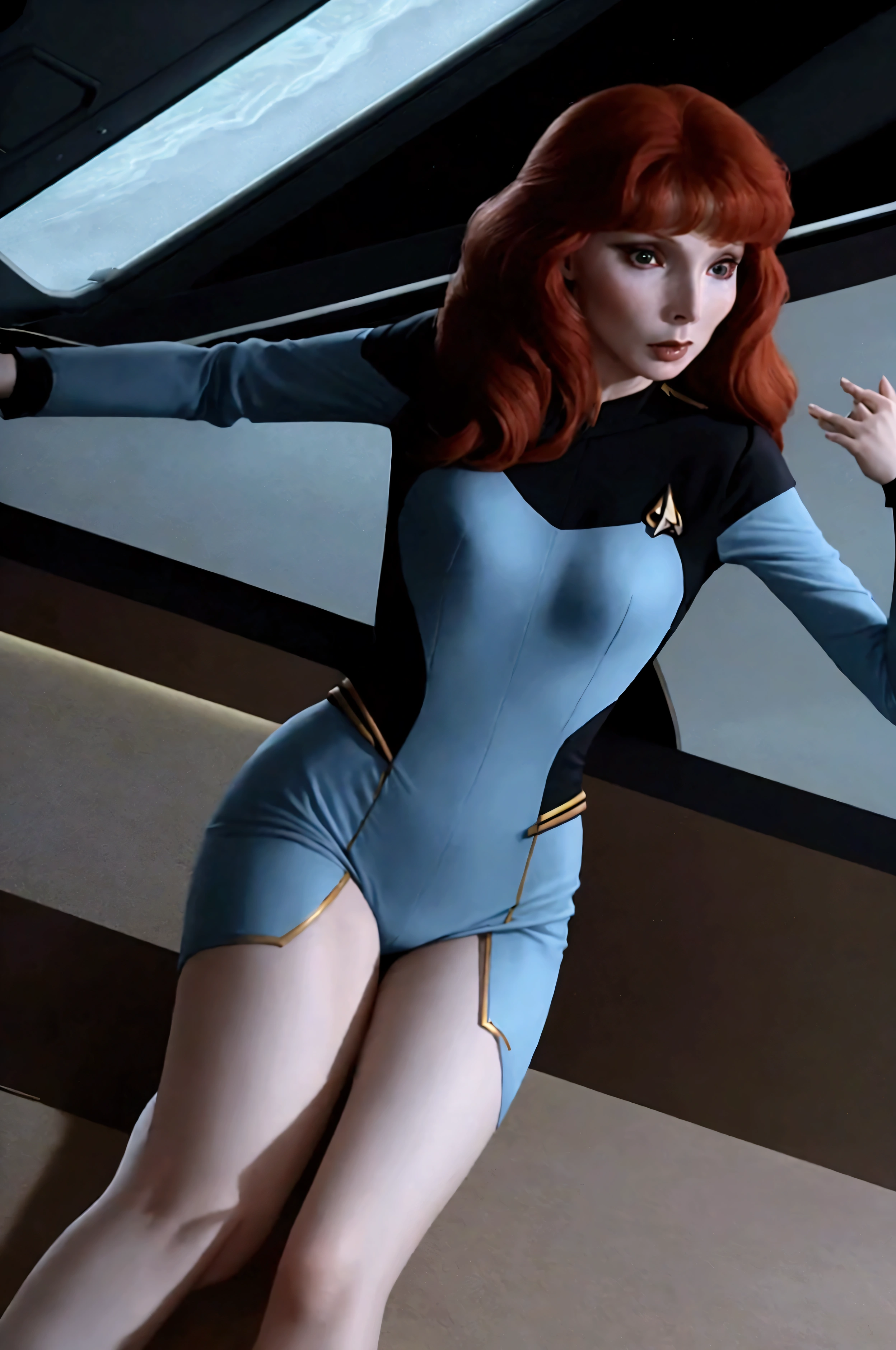 (Beverly Crusher, age 25, sexy revealing star fleet uniform) being a sexy smoldering hot seductress as she goes about her duties on the Enterprise starship