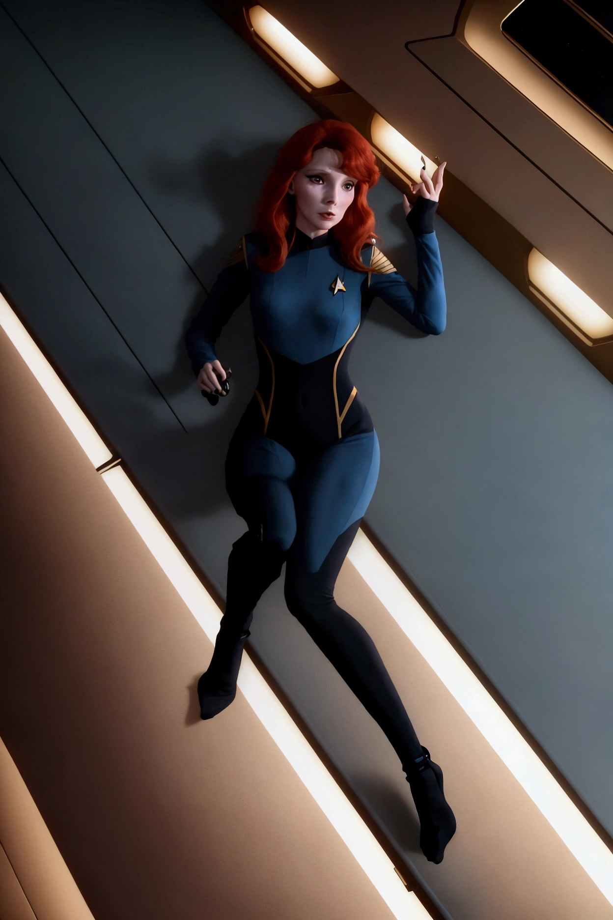 (Beverly Crusher, age 25, sexy revealing star fleet uniform) being a sexy smoldering hot seductress as she goes about her duties on the Enterprise starship
