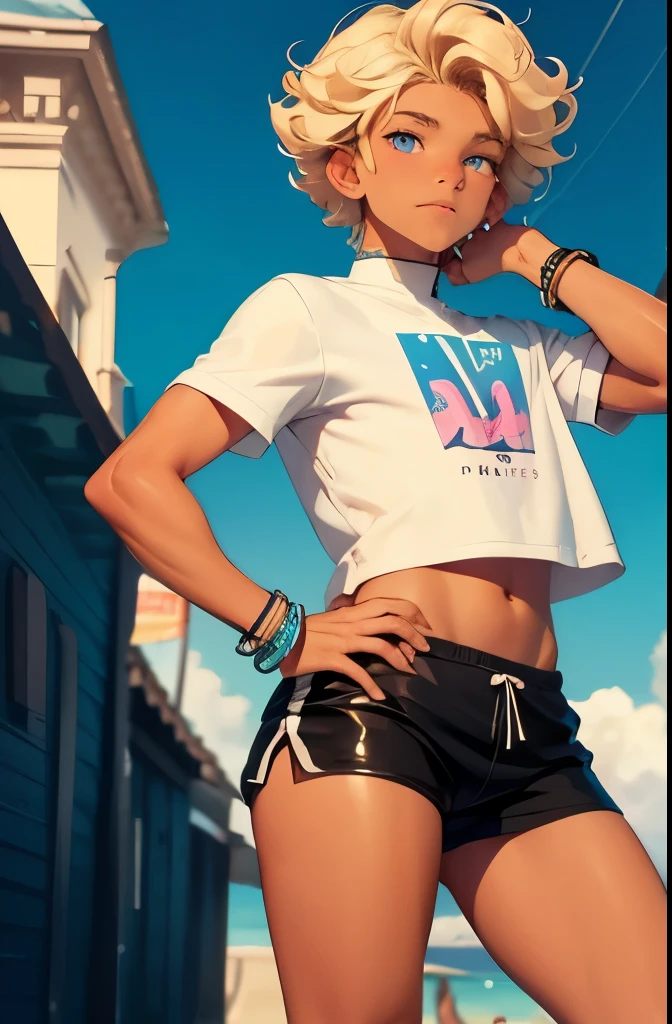A tanned 18 year old age boy, with short blonde curly hair and blue eyes, boy wears a white crop top, colorful bracelet and very short and tight black mini shorts, the boy's legs are beautiful and tanned, seducing smile, pose de glamour, hot summer theme.