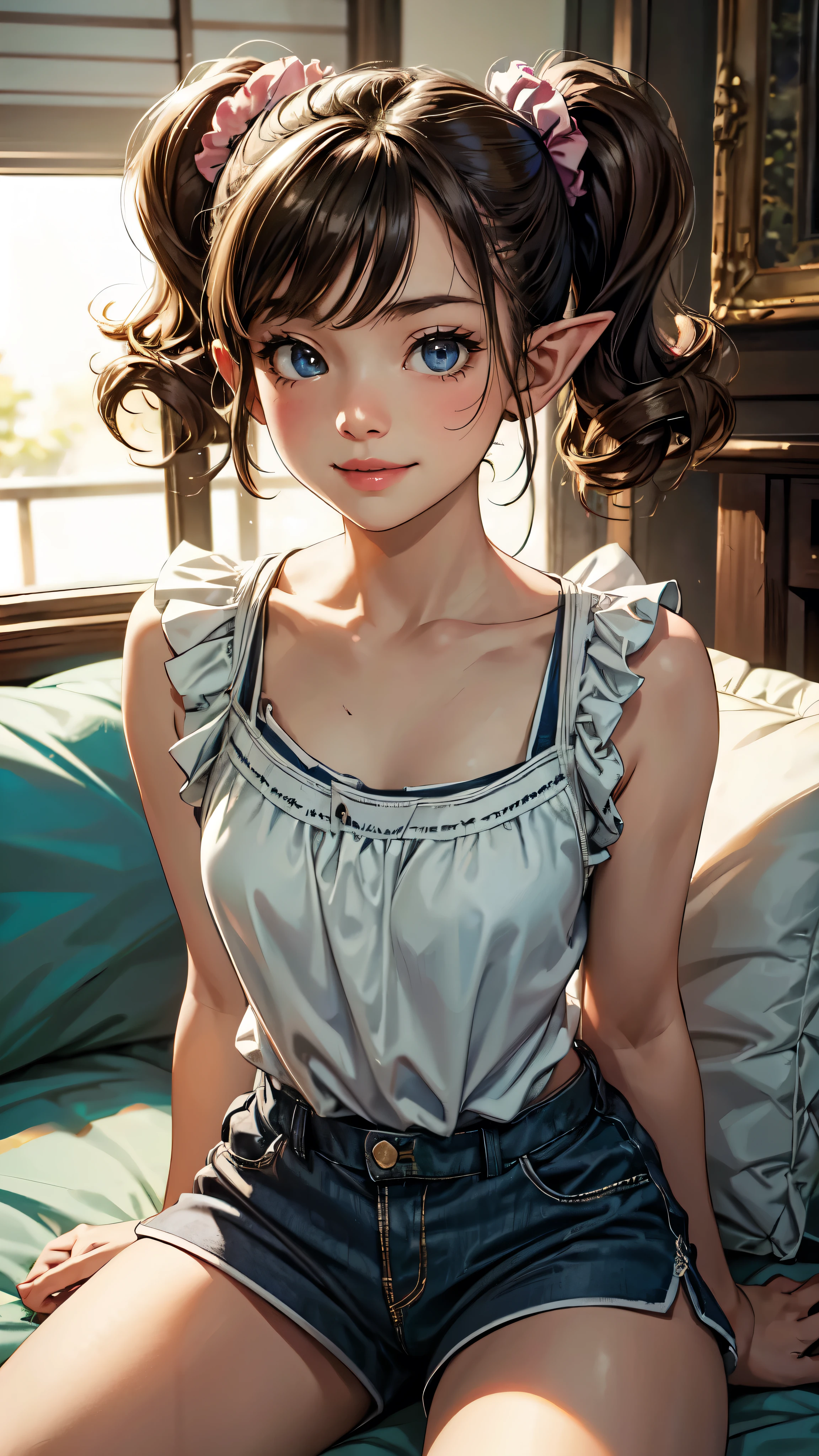 14yo,kiddy, Adorable, Japan Girl,,(frilled tanktop,short pants, upper_body) ,curly hair , twintails, scrunchie, sitting on cushion, smile, (catchlight:1.0), (highlydetailed skin), (Best Quality:1.0), (超A high resolution:1.0) ,(photographrealistic:1.0), (ultra-detailliert:1.0), (8K, Raw photo:1.1),beautiful lips,detailed face, detailed eyes, detailed handssexy woman,elf girl, full body