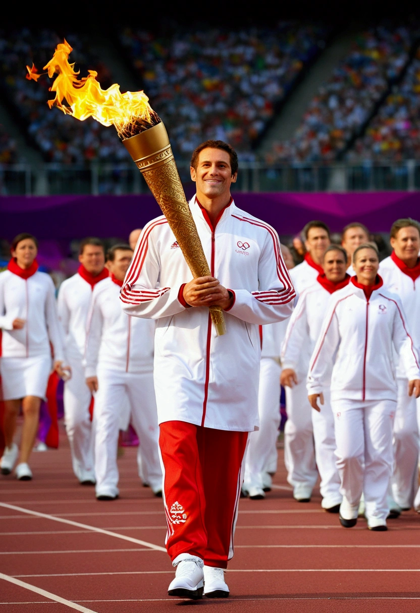 (Olympic Games), Olympic torchbearer carry the Olympic flame around the world. wear sportswear that represents the Olympic spirit, hold the torch, pride and excitement on face. Spectators cheered along the way, looked forward to the opening of the Olympic Games, full body, award-winning, cinematic still, emotional, vignette, dynamic, vivid, (masterpiece, best quality, photorealistic, Professional, perfect composition, very aesthetic, absurdres, ultra-detailed, intricate details:1.3)