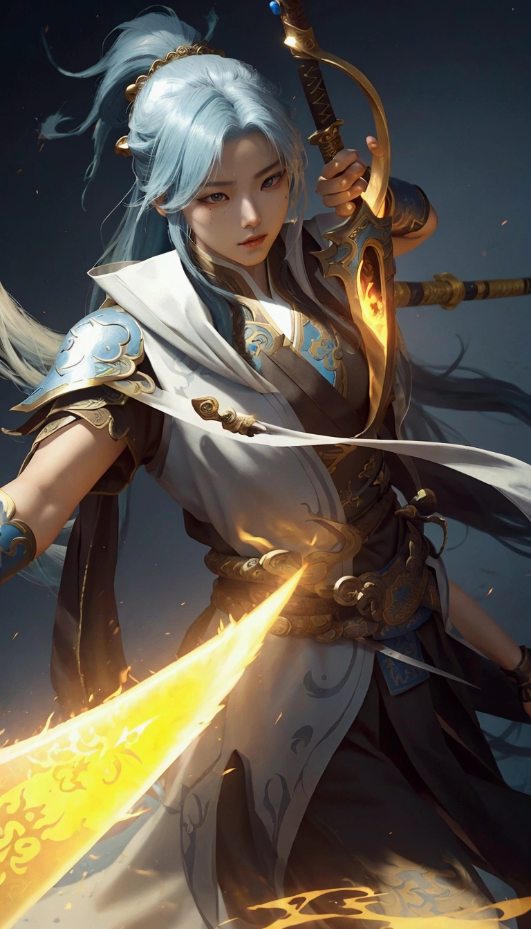 a close up of a person holding a sword and a fire, heise jinyao, inspired by Yang Jin, g liulian art style, ashe, inspired by Huang Shen, by Yang J, zenra taliyah, official splash art, extremely detailed artgerm, zhao yun, inspired by Ju Lian, character splash art, xianxia hero