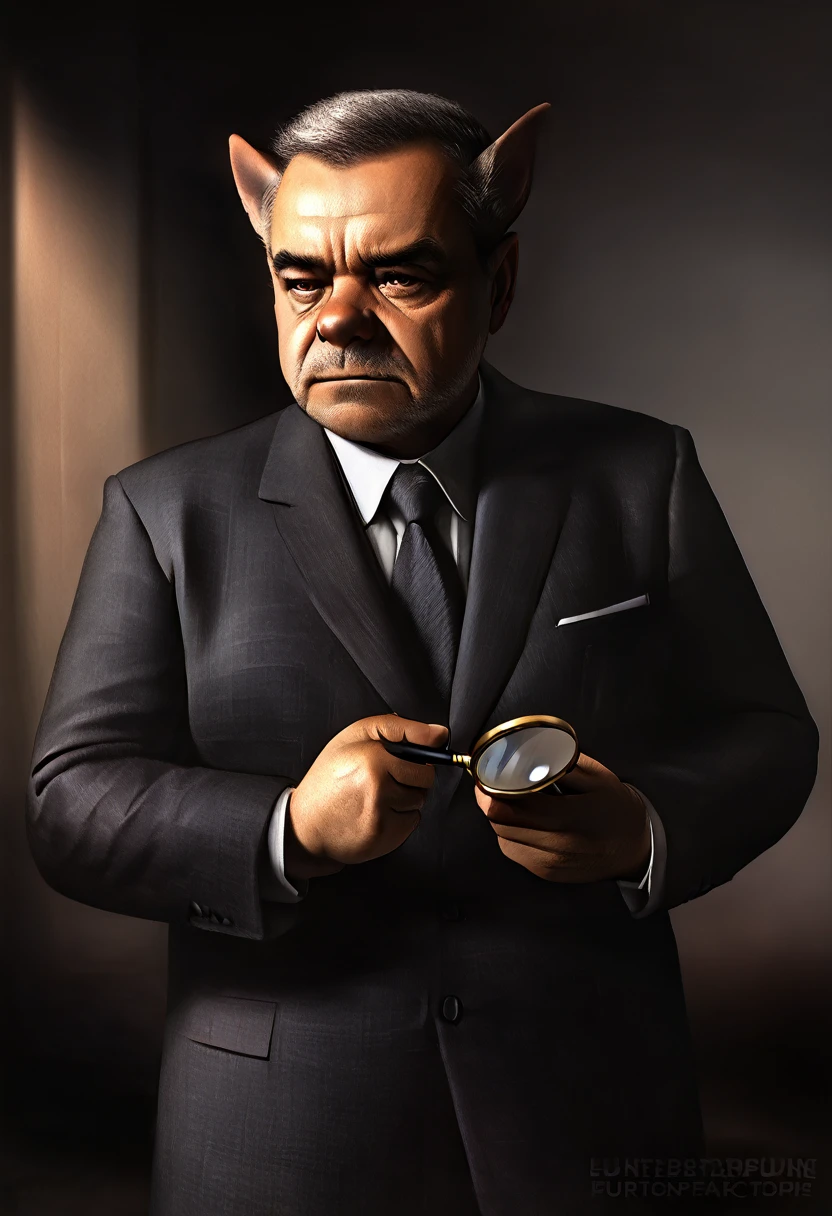 a detailed portrait of an inspector, middle-aged man with a stern expression, wearing a suit and tie, holding a magnifying glass, standing in a dimly lit room, cinematic lighting, dramatic shadows, photorealistic, 8k