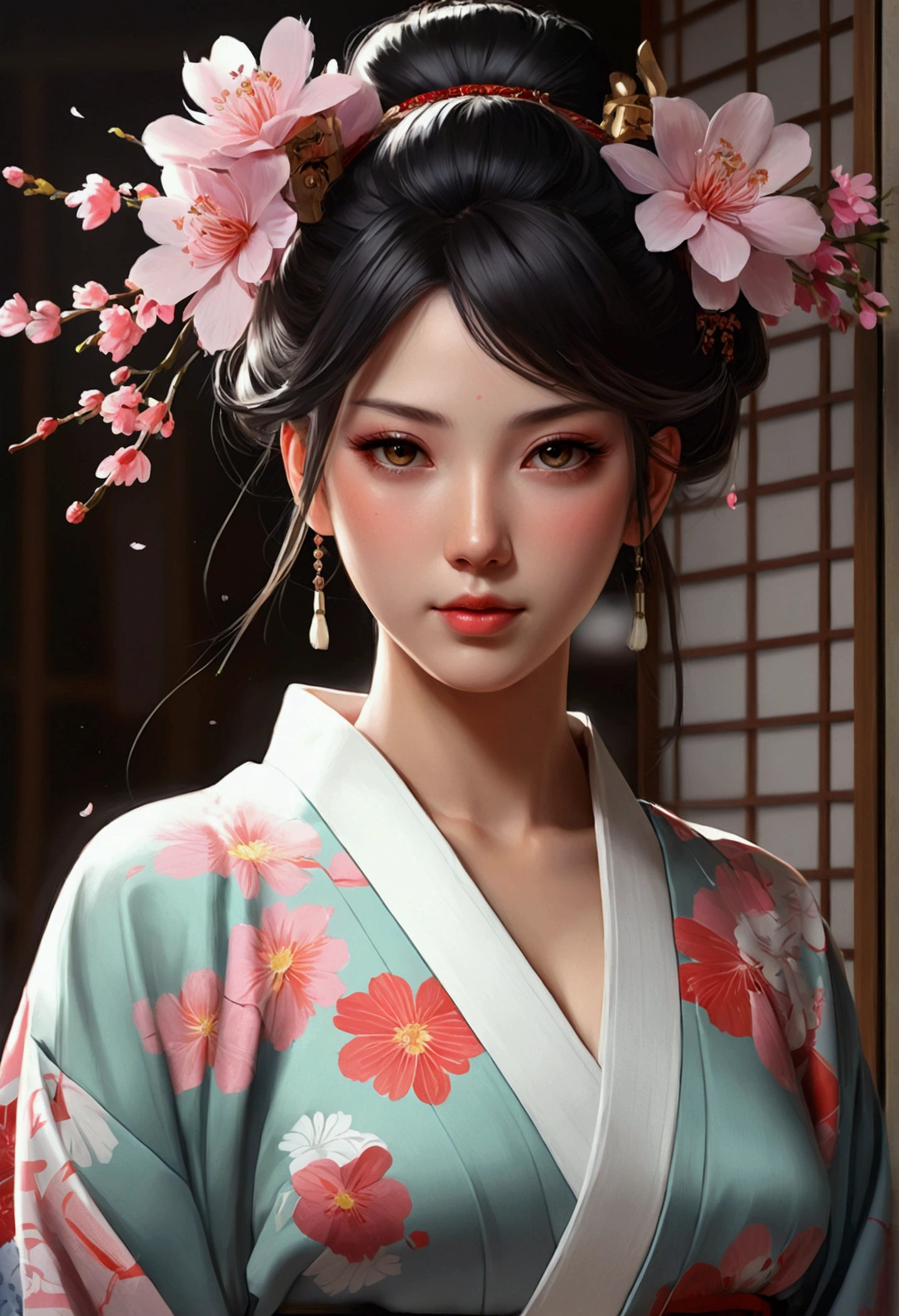 arafed woman in a kimono with flowers on her head, beautiful digital artwork, beautiful digital illustration, beautiful digital painting, gorgeous digital painting, artwork in the style of guweiz, photorealistic anime girl render, smooth anime cg art, beautiful digital art, great digital art with details, stunning digital illustration, detailed digital anime art, render of april, beautiful anime portrait