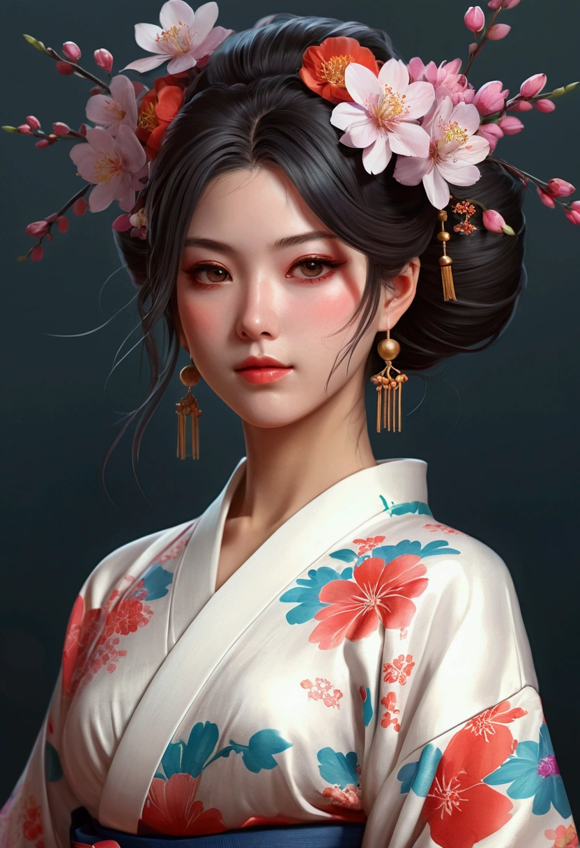 arafed woman in a kimono with flowers on her head, beautiful digital artwork, beautiful digital illustration, beautiful digital painting, gorgeous digital painting, artwork in the style of guweiz, photorealistic anime girl render, smooth anime cg art, beautiful digital art, great digital art with details, stunning digital illustration, detailed digital anime art, render of april, beautiful anime portrait