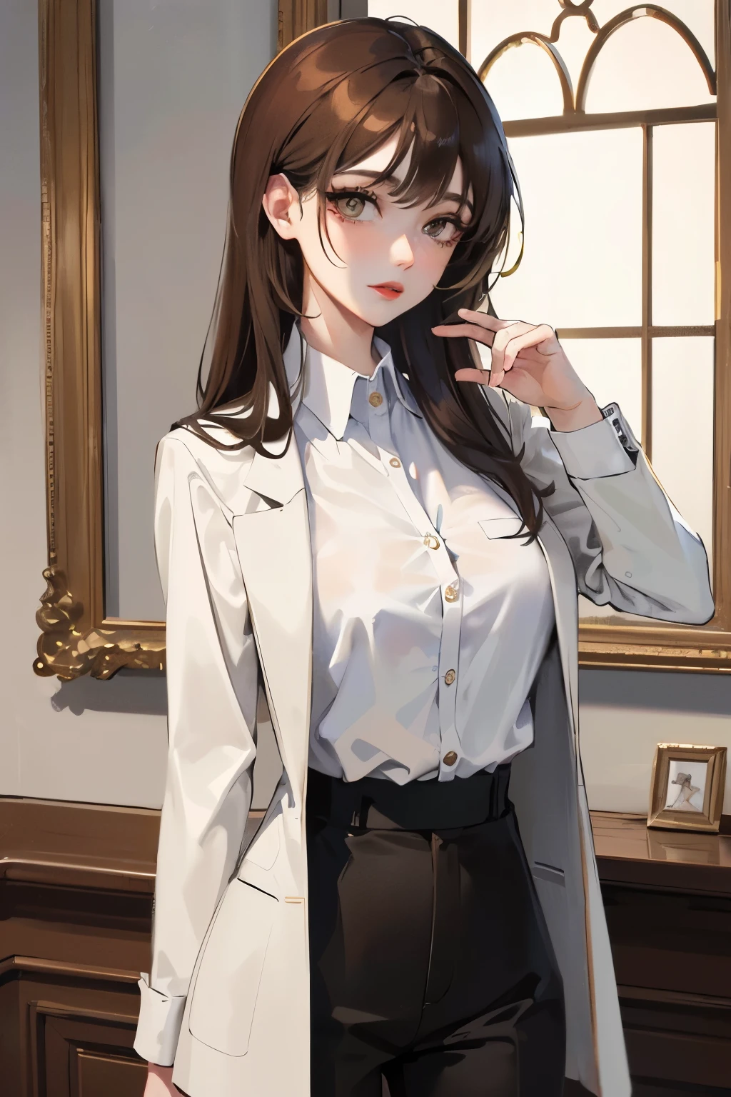 ((best qualityer)), ((work of art)), (detailded), girl with bright dark brown eyes, long brown hair with blonde ombré highlights at the ends, Caucasian skin, rosy cheeks, red lips, cat eyeliner, wearing dark brown tailored pants, a dark brown blazer, white dress shirt tucked into pants, elegant women's bag, confident pose, inside the mall, shorty with 1,50 tall and wide hips, fully body, semi realistic anime korean manhwa style, open blazer, as if a fox turned into a human, mysticism, mysterious, a single character, Long hair to the waist, long hair.