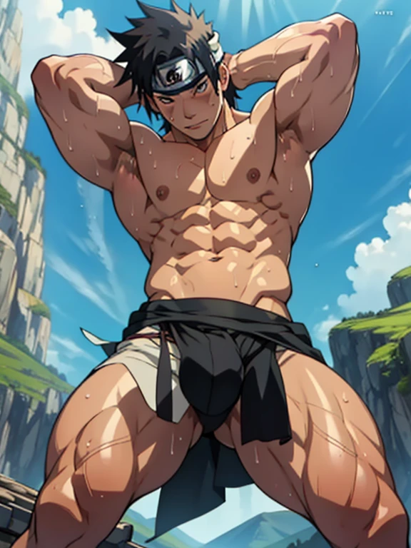 (Full body) boy was shy and blushed (photo subject: Close-up of muscular thigh muscles ) (photo angle from bottom up)(Drawings of Naruto anime) (photo angle from the ground upwards) [Anime photo][highest quality photo][4k,HD photo quality ] wear tight and short loincloths soaking wet,the loincloth bulges due to the erect male genitals  (muscular thigh muscles, firm thigh muscles, muscular thigh muscles, sinewy thigh muscles, giant thigh muscles, strong leg muscles, muscular hamstring leg muscles) ,sasuke uchiha fun, happy ,delighted, bodybuilder,bodybuilding, standing, pale skin, some tanned skin,, lots of sweat flowing down, topless, shirtless, hot sunny, (do not wear banners,do not wear headbands) hands behind head