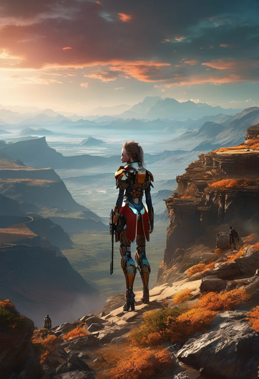 The lady wanderer in the vast beautiful wilderness world, stand on a cliff, watching colourful landscape , beautiful Mecha sex doll monsters on the landscapes, 8k, MASTERPIECE by Jeremy Mann, sharp, masterpiece, best quality, Photorealistic, ultra-high resolution, photographic light, illustration by MSchiffer, Hyper detailed, score_9,score_7_up,score_8_up,