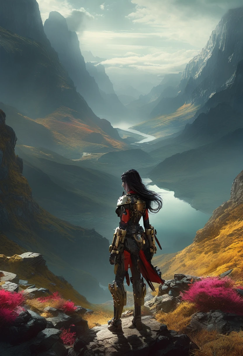 The lady wanderer in the vast beautiful wilderness world, stand on a cliff, watching colourful landscape , beautiful Mecha sex doll monsters on the landscapes, 8k, MASTERPIECE by Jeremy Mann, sharp, masterpiece, best quality, Photorealistic, ultra-high resolution, photographic light, illustration by MSchiffer, Hyper detailed, score_9,score_7_up,score_8_up,