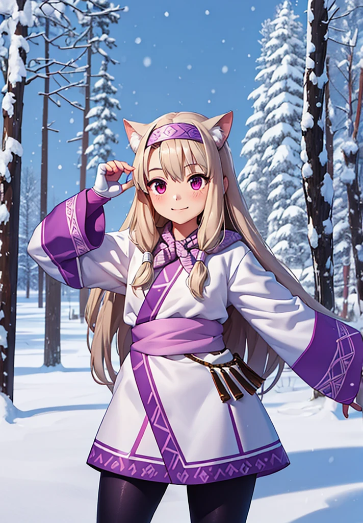 masterpiece, best quality, sitonai, 1girl, ainu clothes, long sleeves, fingerless gloves, snow forest, snowy, hands up, straight hands above head, looking at sky, 