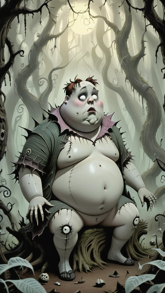 Young chubby man sitting in Tim Burton-inspired forest. Forest is full of peculiar creatures. Undead Man is voluptuous, has giant breasts, (delicate laced shirt), The forest is a blend of anime aesthetics and Burtonesque surrealism,(hand drawn with pencil:1.2), (tim burton style:1.27), huge breasts, curvy body, ultra detailed, intricate, dynamic poses, morning light, fantasy art 