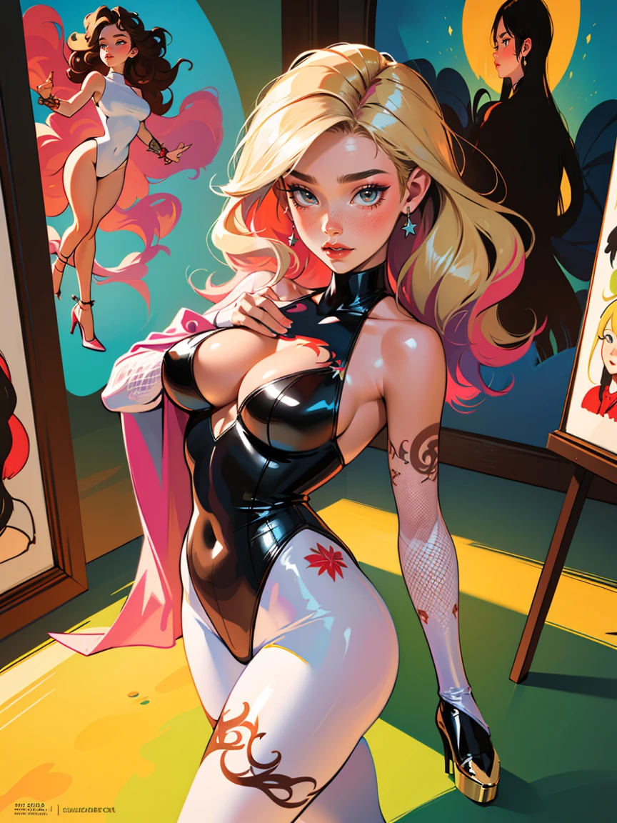 portrait of a girl, near, up close,Background, in a chic expensive interior, multicolored pink hair, mixed-language_SMS, graffiti, (beautiful and clear background:1.2),, fantastic paintings ,graffit style, olhos altamente detalhados , blonde girl, cannabis print, marijuana tattoo, Loving, Love, ultra detailed hair, Masterpiece, Best Quality, hig quality, high-resolution, detail enhancement, ((most beautiful image in the world)), Masterpiece, Best Quality, hig quality, high-resolution, detail enhancement, ((most beautiful image ), Shiny red wavy hair, Ultra Chic Transparent Clothing, Erotica, high heels, tights in a mesh Artist Stepan Seich, art by j scott campbell, art by guillem march, art by citemer liu, 4k, High Resolution, comic book character, comic, high quality detailed, style of ::2.0 comix illustration style,tatoon style, hig quality, high-resolution, detail enhancement, 8K, HD, Best Quality, hig quality, high-resolution, detail enhancement, 8K, HDR, Sharp focus, Ultra Detailed, Perfect lighting, Curvy Body, Lush breasts, Curvy hips