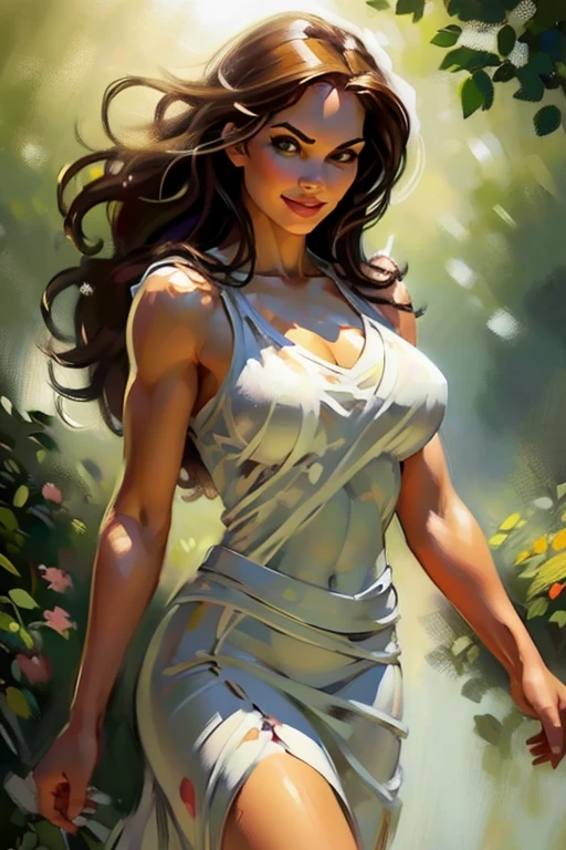 (rule of thirds:1.4),((hyper-realistic illustration:1.4)) Beautiful 20 yo Mediterranean woman, beautiful athletic figure, shapely toned legs, perfect round ass, natural perky breasts,(abs), ((long dark hair)), green eyes. (joy:1.4), sweet smile, mascara, dress, high heels. Masterpiece, best quality,(highly detailed:1.2),(detailed face and eyes:1.2), depth of field, 8k wallpaper, natural lighting, core shadows, high contrast, bokeh.