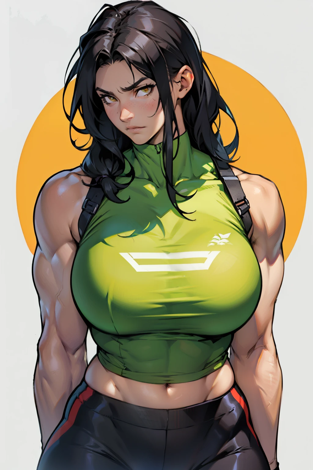 massive hair black hair yellow eyes pale skin large breasts muscular girl sad girl