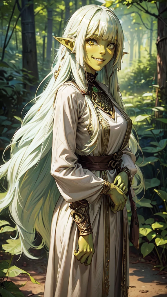 detailed face, detailed eyes, detailed handssexy woman,elf girl, full body,Cimematic vision, nigth, ((1girl)), Lolita, (Orc), ((((Green skin)))), ((((long white hair)))), (((blunt bangs))), red eyes, ((tangled hair)), ((((smilling)))), sloppy, ((best qualityer)), ((work of art)), ((wearing brown dress)), (detailded), face perfect, ((style novel)), cores beautiful, ((((style anime Shikimori-san)))), in forest, standing, (((no accessories)).
