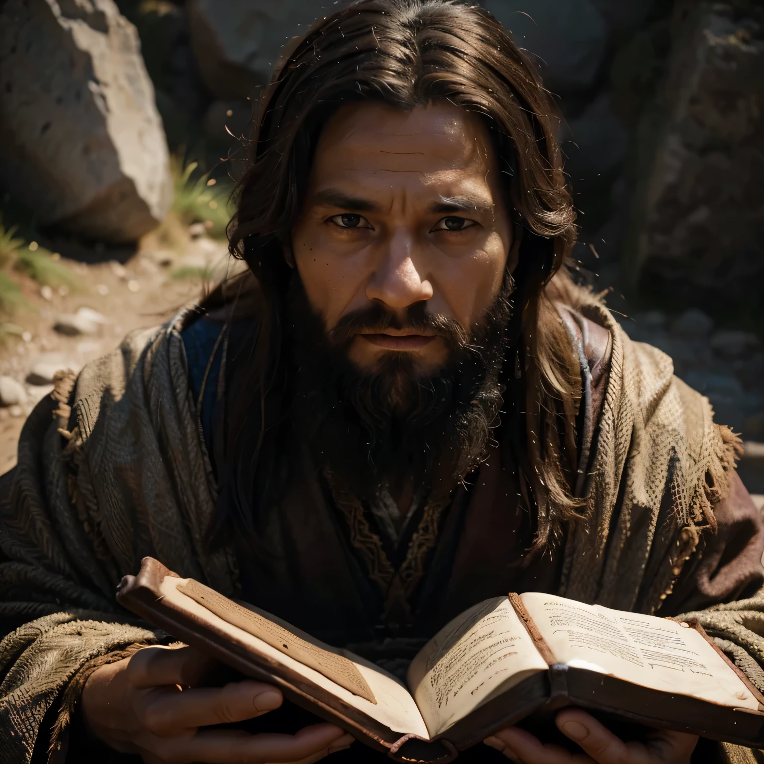 Moses from the Bible on the mountain with the tablets of the 10 commandments, 8k, frontal image, cinematic, ultra realistic