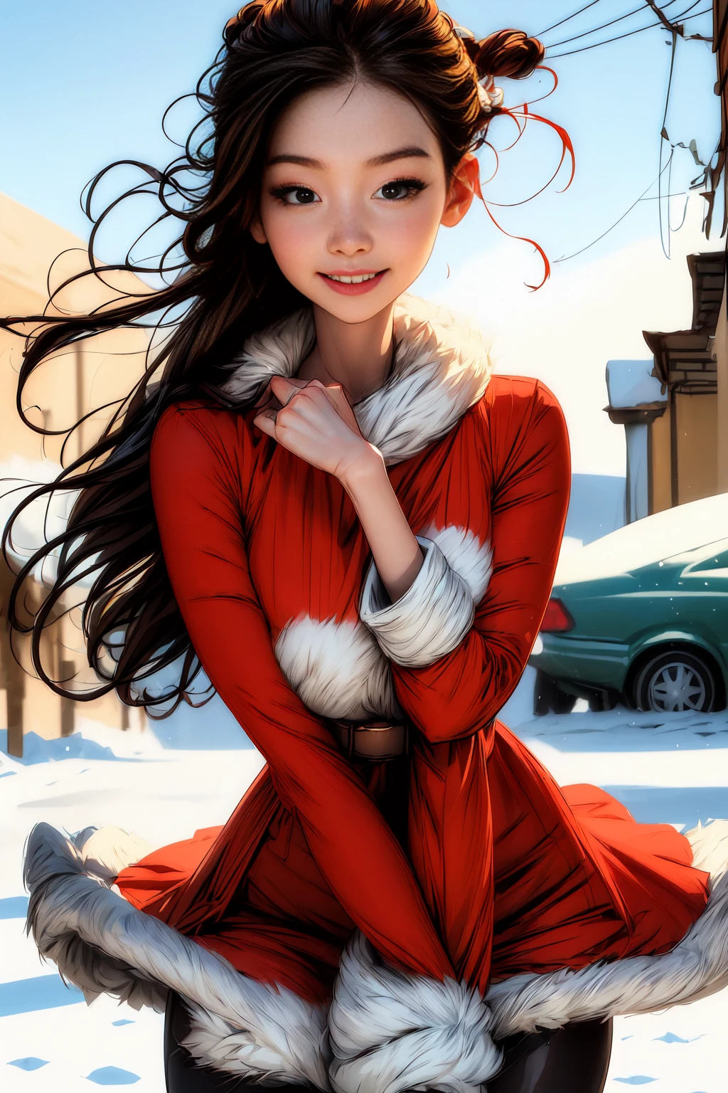 a smiling girl dressed as santa claus, full body, dynamic poses, ultra detailed, 8k, high resolution, best quality, masterpiece, chibi, snake eyes, kawaii eyes, christmas, santa costume, red and white, joyful expression, snow, winter, kawaii, cute, adorable, high quality render, detailed face, intricate details, sharp focus, lifelike, photorealistic