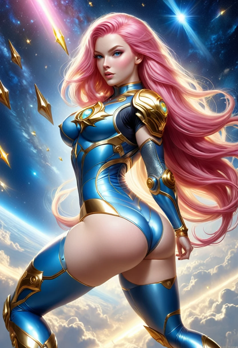 BOMBSHELL PINK HAIR VALKYRIE FLYING OUTERSPACE, , PALE SKIN, YELLOW EYES, HIGH CHEEKBONES, ROSY CHEEKS, MENTAL FORAMEN, HUGE LONG HAIR,LIGHT BLUE THONG LEOTARD ARMOUR, , LONG GOLD GAUNTLETS, ATHLETIC CURVY BODY, EXPOSED ARMS, DETAILED QUADRICEPS, MUSCLES, BACK BODY VIEW,  GOLD SHOES, FULL BODY PERSPECTIVE, SPRITE LIGHTINGS, OUTERSPACE, RAYS OS LIGHT, SUN, BACK LIGHTS, NIGHT SKY, ACCURATE IMAGE, MASTERPIECE.