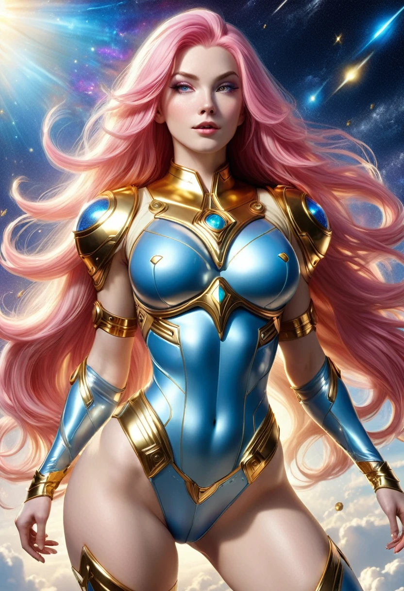 BOMBSHELL PINK HAIR VALKYRIE FLYING OUTERSPACE, , PALE SKIN, YELLOW EYES, HIGH CHEEKBONES, ROSY CHEEKS, MENTAL FORAMEN, HUGE LONG HAIR,LIGHT BLUE THONG LEOTARD ARMOUR, , LONG GOLD GAUNTLETS, ATHLETIC CURVY BODY, EXPOSED ARMS, DETAILED QUADRICEPS, MUSCLES, BACK BODY VIEW, GOLD SHOES, FULL BODY PERSPECTIVE, SPRITE LIGHTINGS, OUTERSPACE, RAYS OS LIGHT, SUN, BACK LIGHTS, NIGHT SKY, ACCURATE IMAGE, MASTERPIECE.