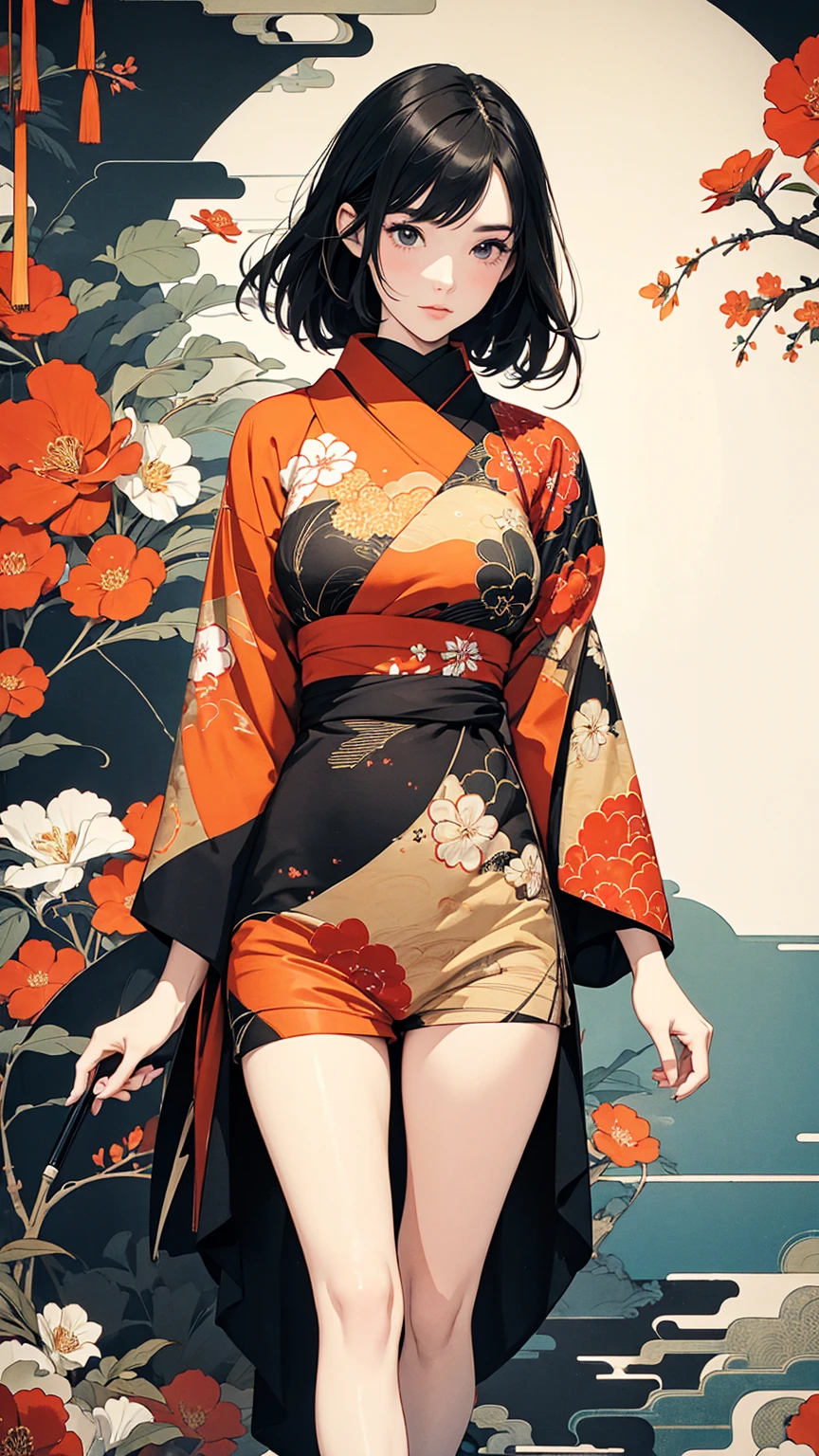 (masterpiece, High resolution, Highest quality), 20-year-old woman, Glamorous posing, A Japanese-patterned haori over a turtleneck:1.2, Japanese pattern micro mini shorts:1.2, Petal Collage, abstract design, artistic juxtapositions, And handle background, warm color, mixed-media approach, Anime Style, Simple lines, Digital Painting, 