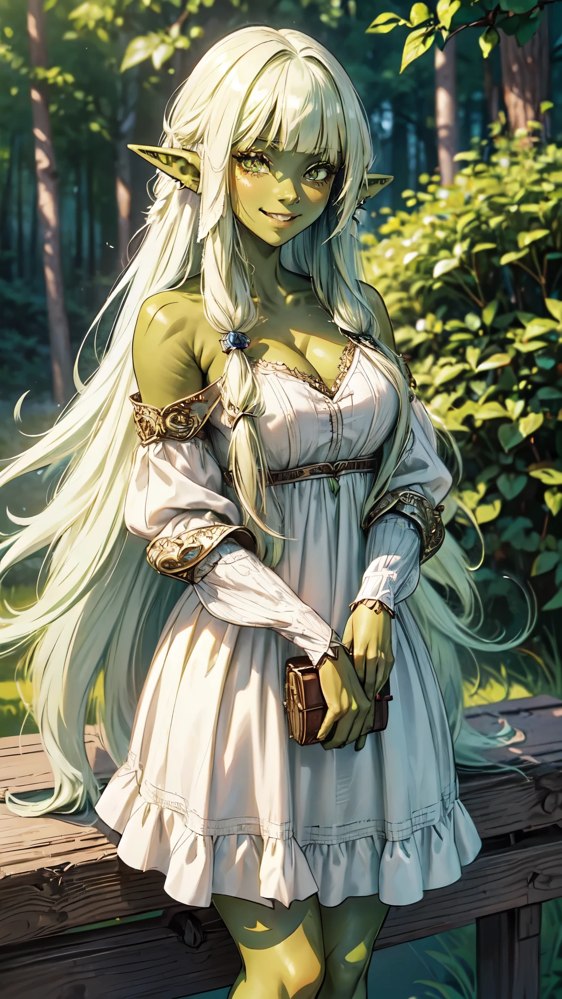 detailed face, detailed eyes, detailed handssexy woman,elf girl, full body,Cimematic vision, nigth, ((1girl)), Lolita, (Orc), ((((Green skin)))), ((((long white hair)))), (((blunt bangs))), red eyes, ((tangled hair)), ((((smilling)))), sloppy, ((best qualityer)), ((work of art)), ((wearing brown dress)), (detailded), face perfect, ((style novel)), cores beautiful, ((((style anime Shikimori-san)))), in forest, standing, (((no accessories)).
