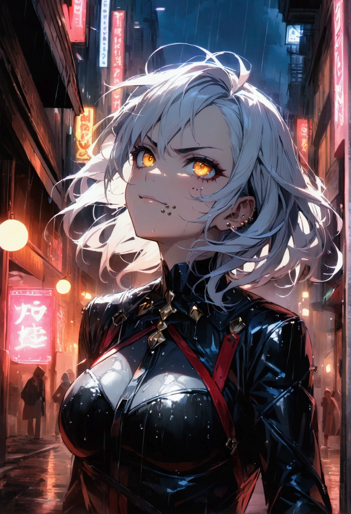 anime women, dark outfit with red and blue details, white hair, (golden dragon eyes) standing in a rain soaked, city street at night, cinematic lighting (best quality:1.2)detailed, neon lights, vivid colors,bokeh, angry looking face with smirk on mouth, piercing, ABS, (looking up), ((face piercing)), gaze, 4k, particles in the air, powers, amazing art work full of details, dynamic movement