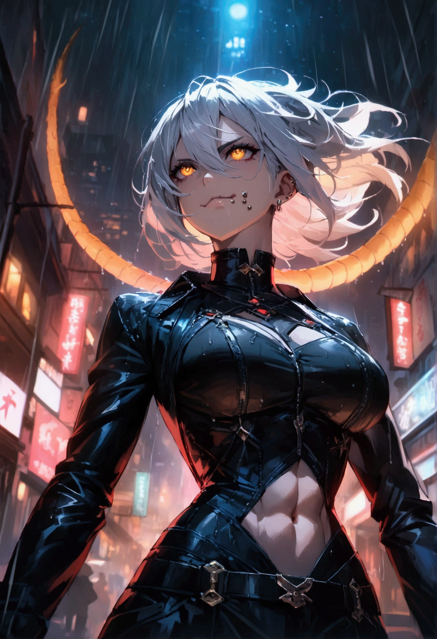 anime women, dark outfit with red and blue details, white hair, (golden dragon eyes) standing in a rain soaked, city street at night, cinematic lighting (best quality:1.2)detailed, neon lights, vivid colors,bokeh, angry looking face with smirk on mouth, piercing, ABS, (looking up), ((face piercing)), gaze, 4k, particles in the air, powers, amazing art work full of details, dynamic movement
